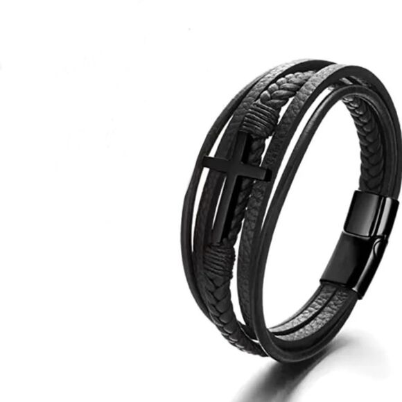 Black cross on multi layered leather bracelet, titanium steel clasp - Picture 1 of 4